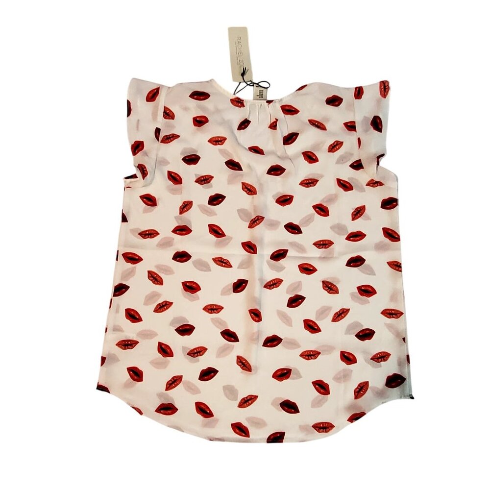 Rachel Zoe Womens XS White Blouse With Red Lips Print Cap Sleeves Button Detail - Picture 2 of 9